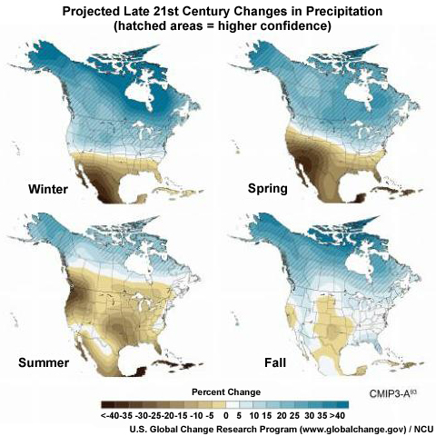 Projected late 21st century changes in precipitation. Confidence is higher in hatched areas. 