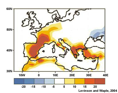 Anomalous number of days with maximum surface temperatures reaching 34°C for June-August 2003. Anomalies are departures from the 1971–2000 base period daily means.