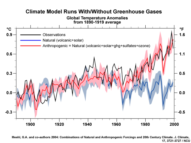 Graphs comparing temperature observations (black line) from 1890-2000 with climate model simulations. The simulations that have only natural climate influences (blue lines) do not replicate the temperature pattern of the last 50 years. Including human contributions of greenhouse gases and sulfate aerosol pollution in the models (yellow lines) produces results that simulate the observations well.