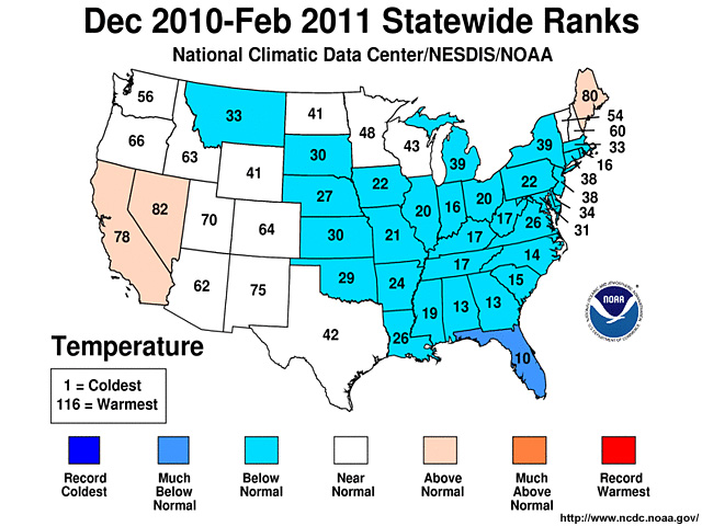Dec 2010-Feb 2011 Statewide Temperature Ranks