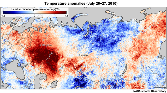 Temperature anomalies for the Russian Federation from July 20–27, 2010, compared to temperatures for the same dates from 2000 to 2008.