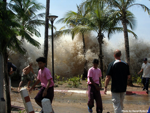 The first wave of the 2004 Indian Ocean tsunami hits Ao Nang, Thailand.