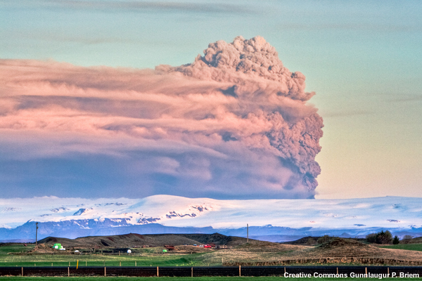 Dark-grey ash plume rises high above Iceland, in this early morning photo of Eyjafjalljokull' s eruption.