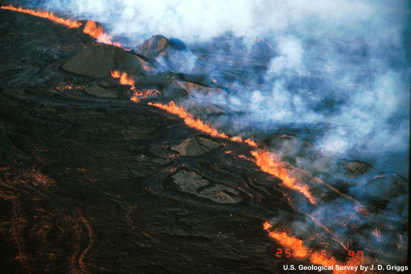 Magma fountaining at fissures during the 1984 eruption of Mauna Loa Volcano.