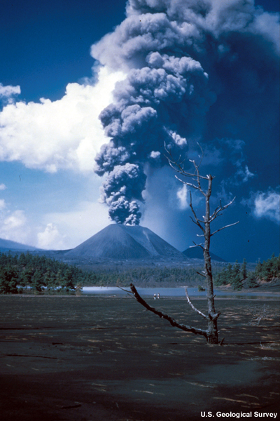 A volcanic plume rises high above Mt. Paricutin, Mexico.