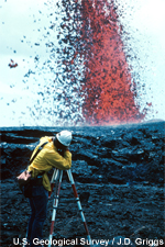 Geologist measuring the height of a lava fountain.