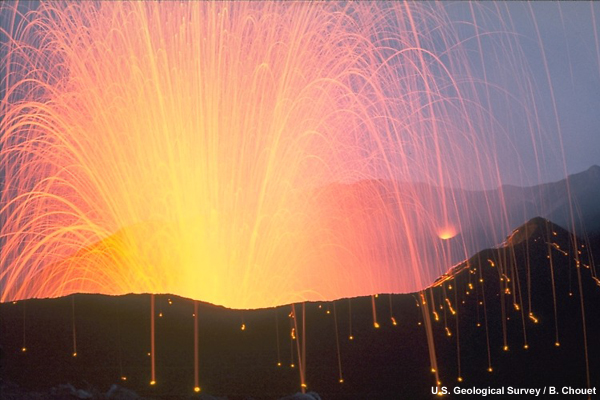 Close view of Stromboli Volcano erupting incandescent molten lava fragments.