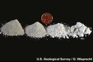Different types of tephra are compared against the size of a US penny.