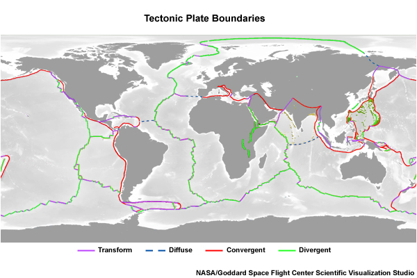 A tectonic map of Earth with the three types of plate boundaries highlighted and illustrated.