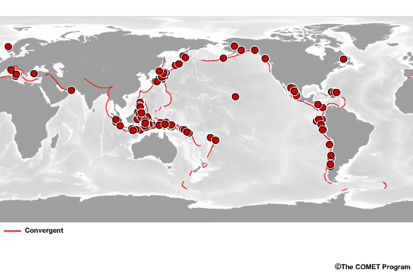 A map of Earth with subduction zones highlighted in red, followed by significant tsunami-forming quakes for the last 100 years