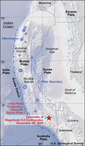 Epicenter of the Indian Ocean tsunami and its placement with respect to overlying tectonic plates