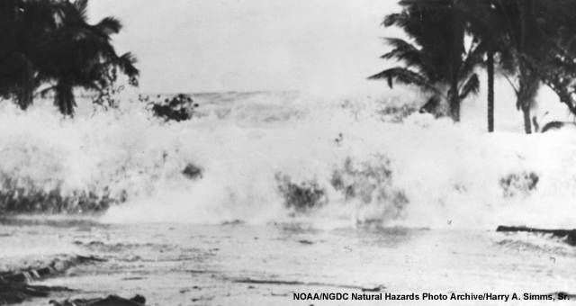The 1946 tsunami wave hits Hawaii.