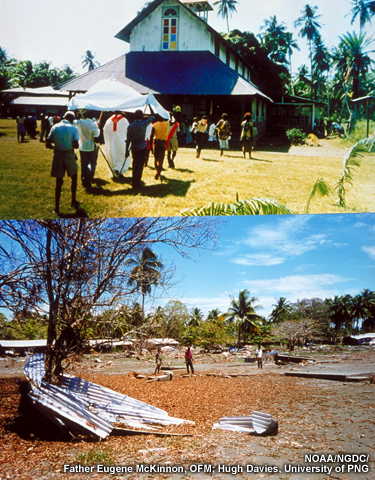 A church and village before and after the 1998 Papua New Guinea tsunami.