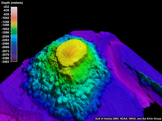 Multibeam image of Denson Seamount, looking approximately NW.