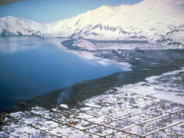 Aerial view of Valdez following the 1964 tsunami.