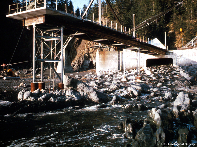 Alaska Earthquake March 27, 1964. Hinchinbrook Coast Guard dock, raised above all but the highest tides by regional uplift in Prince William Sound. Land in this area rose about 8 feet during the earthquake.