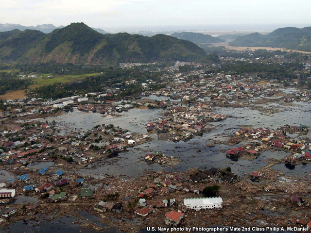 A flooded village near the coast of Sumatra following the tsunami of 2004