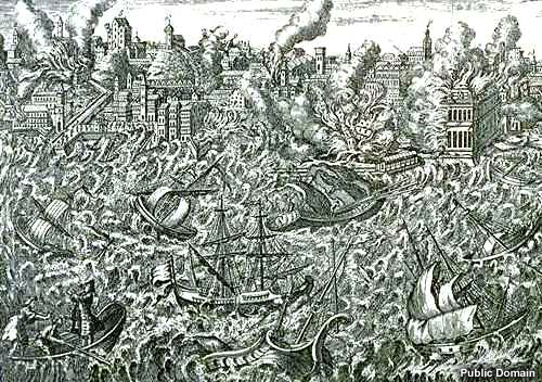 A copper engraving of the 1755 Lisbon earthquake and tsunami, showing burning, tsunami waves, and a disturbed harbor.
